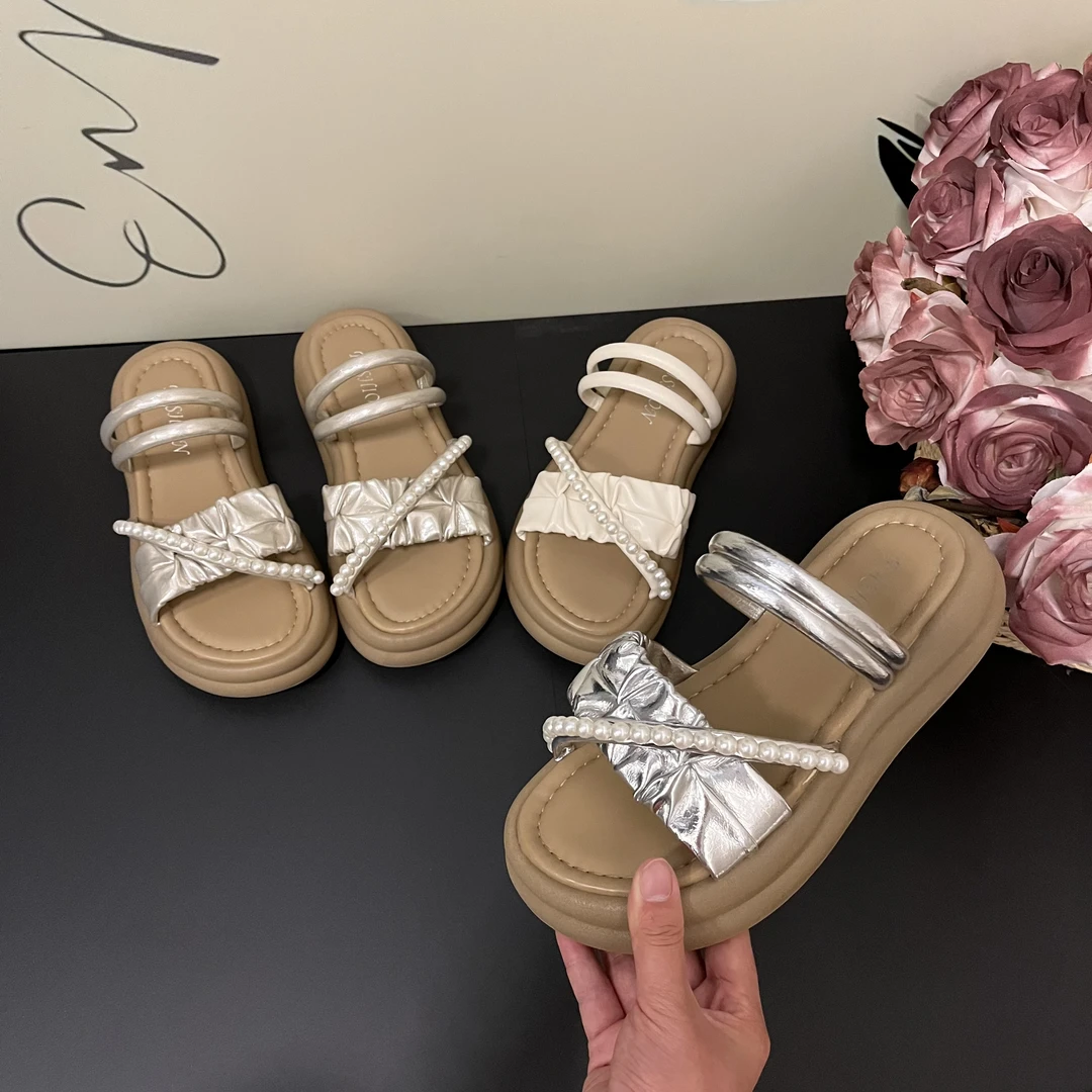 夏季新款2025时尚百搭轻奢高级感沙滩拖鞋女外穿珍珠拖配裙子-4CM