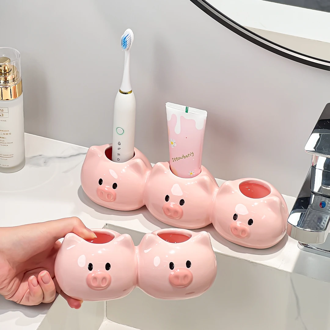可爱猪猪电动牙刷架陶瓷置物架洗漱台家用收纳架情侣牙刷牙膏底座