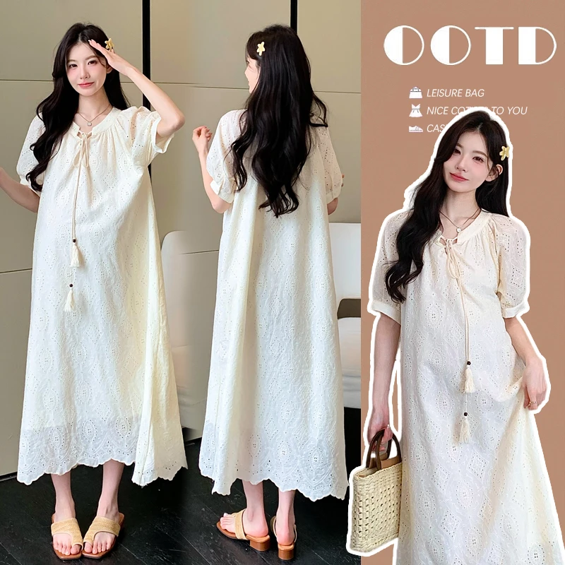 实拍现货 孕妇夏装宽松大码孕妇连衣裙纯棉刺绣孕妇裙