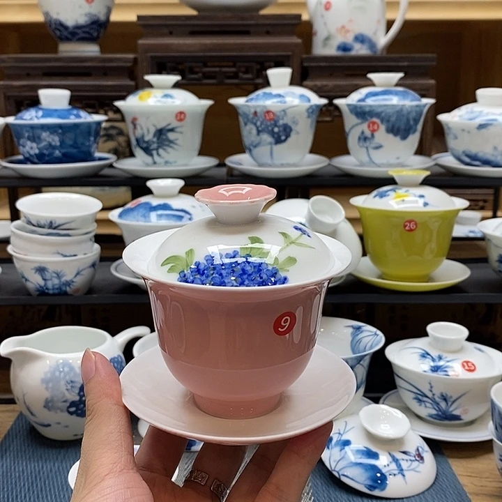 手绘绣球160盖碗釉下彩高温瓷微瑕福利款