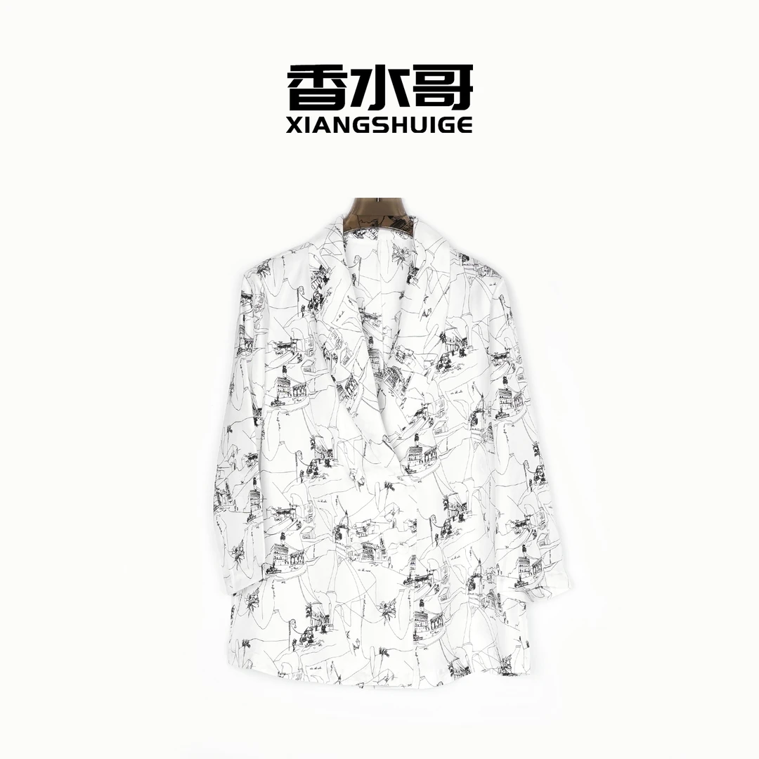 时尚印花短外套2025早秋新款轻奢水墨建筑印花东方美学桑蚕丝西装