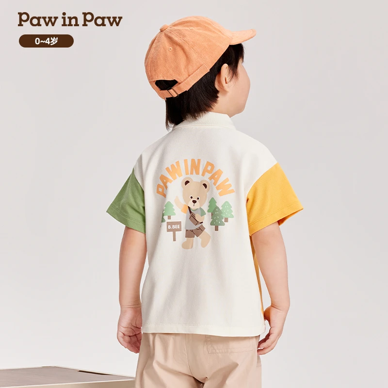 PawinPaw卡通小熊童装夏季男童翻短袖拼接T恤运动休闲