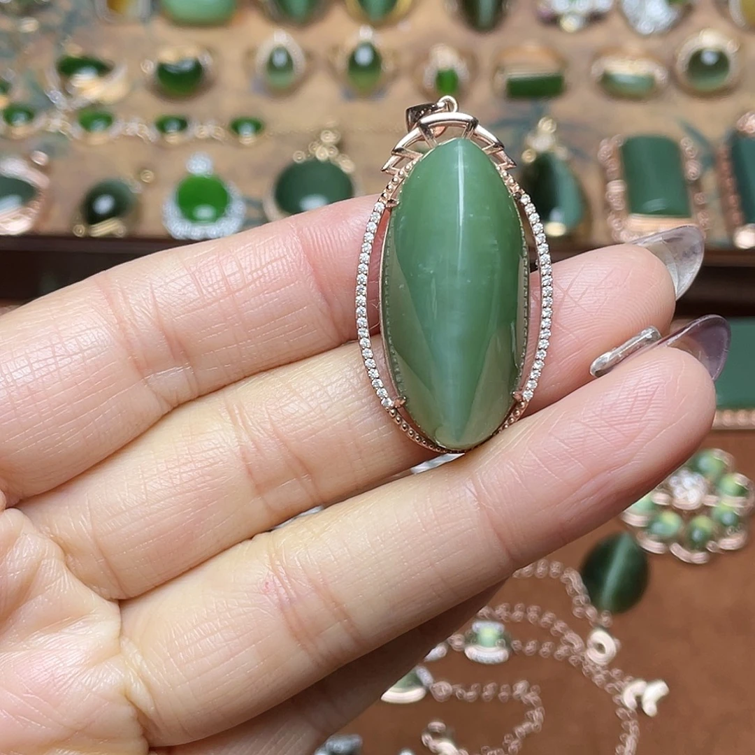 和田玉（碧玉）银S925镶嵌吊坠(不含链)戒指