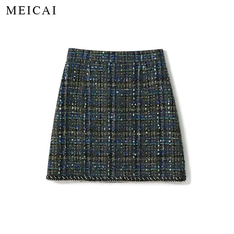 美裁 春新款气质法式小香风蓬松羊毛粗花呢经典款半裙