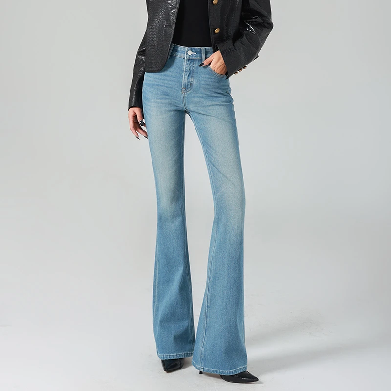 【典藏中蓝】高腰微喇叭加绒牛仔裤女四面弹显瘦提臀2025秋冬新款