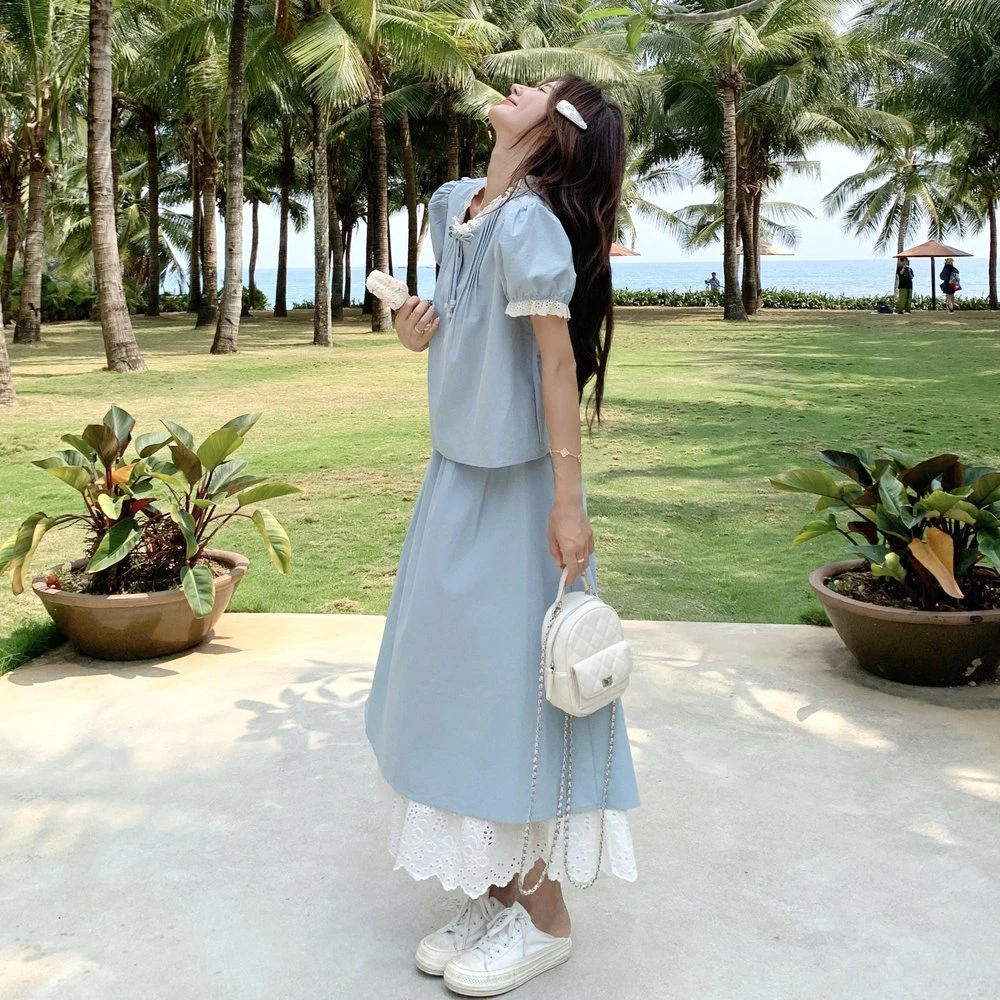 法式小个子淑女套装女2025夏新款减龄泡泡袖上衣花边半身裙两件套