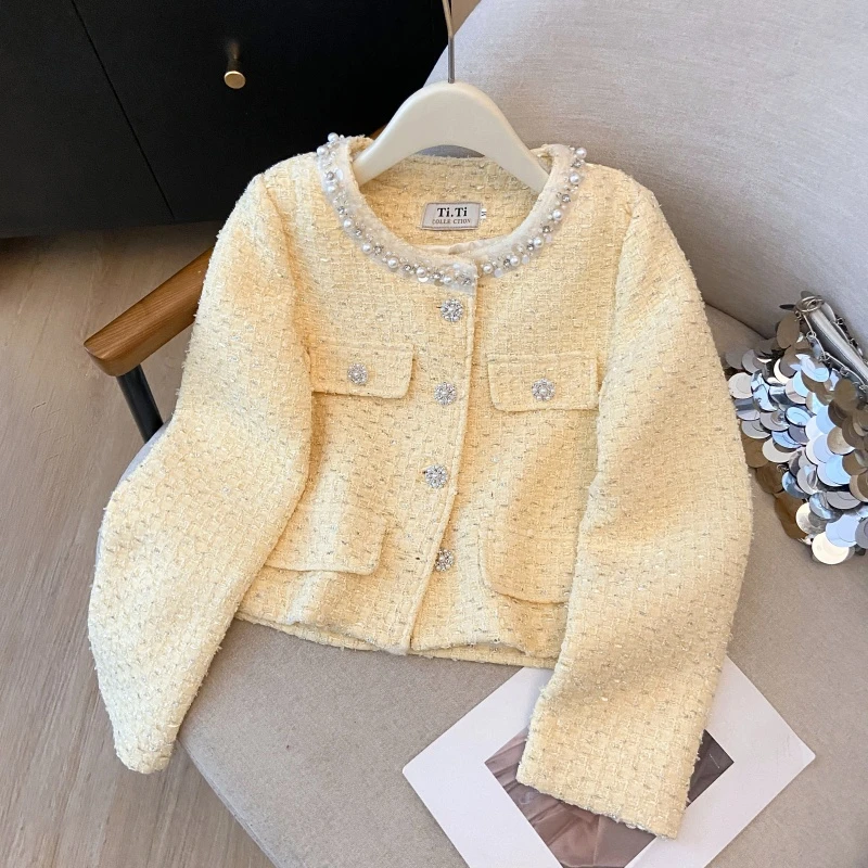 名媛千金小香风黄色外套女2025秋冬新款韩版宽松百搭圆领短款上衣