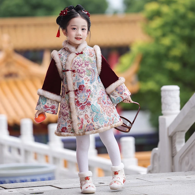 女童汉服儿童秋冬季喜庆中国风旗袍马甲毛衣裙宝宝冬装新款
