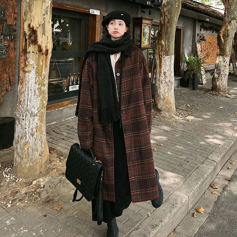 韩版中长款复古格纹毛呢大衣女2025冬季新款加棉加厚显瘦呢子外套