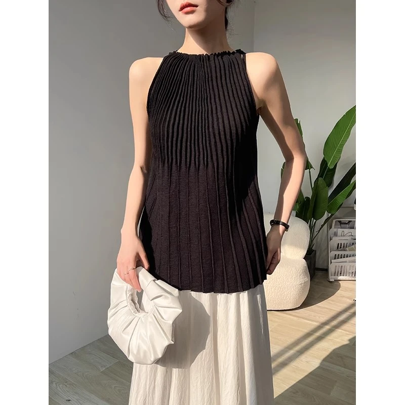 黑色挂脖吊带背心女内搭夏季针织百搭褶皱高级感无袖时尚打底上衣
