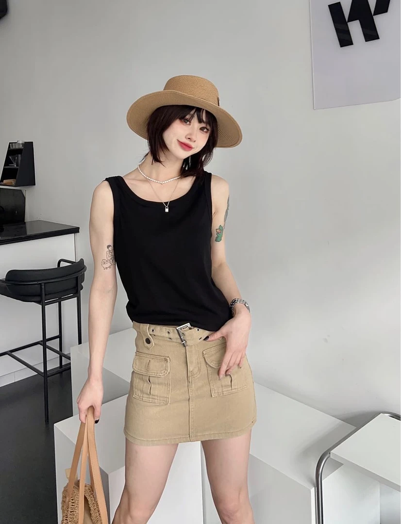 极简风吊带纯棉撞色美背女背心短款套装内搭百搭时尚吊带背心