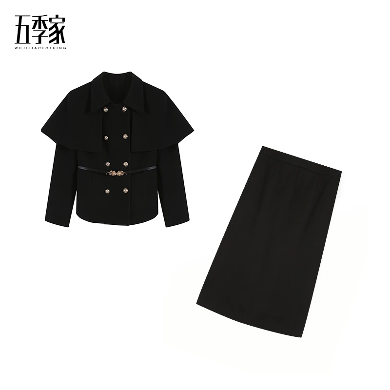 周周-大码显瘦冬气质斗篷假两件上衣高腰半身裙黑色套装ZL101797