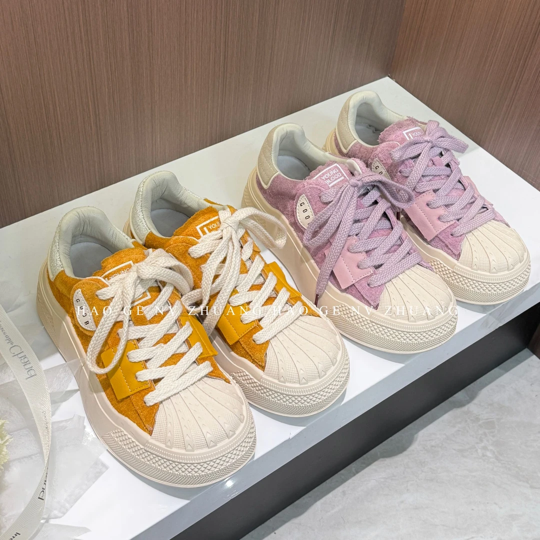 贝壳头溶解鞋女2025春季新款真皮厚底百搭小众厚底运动鞋1017