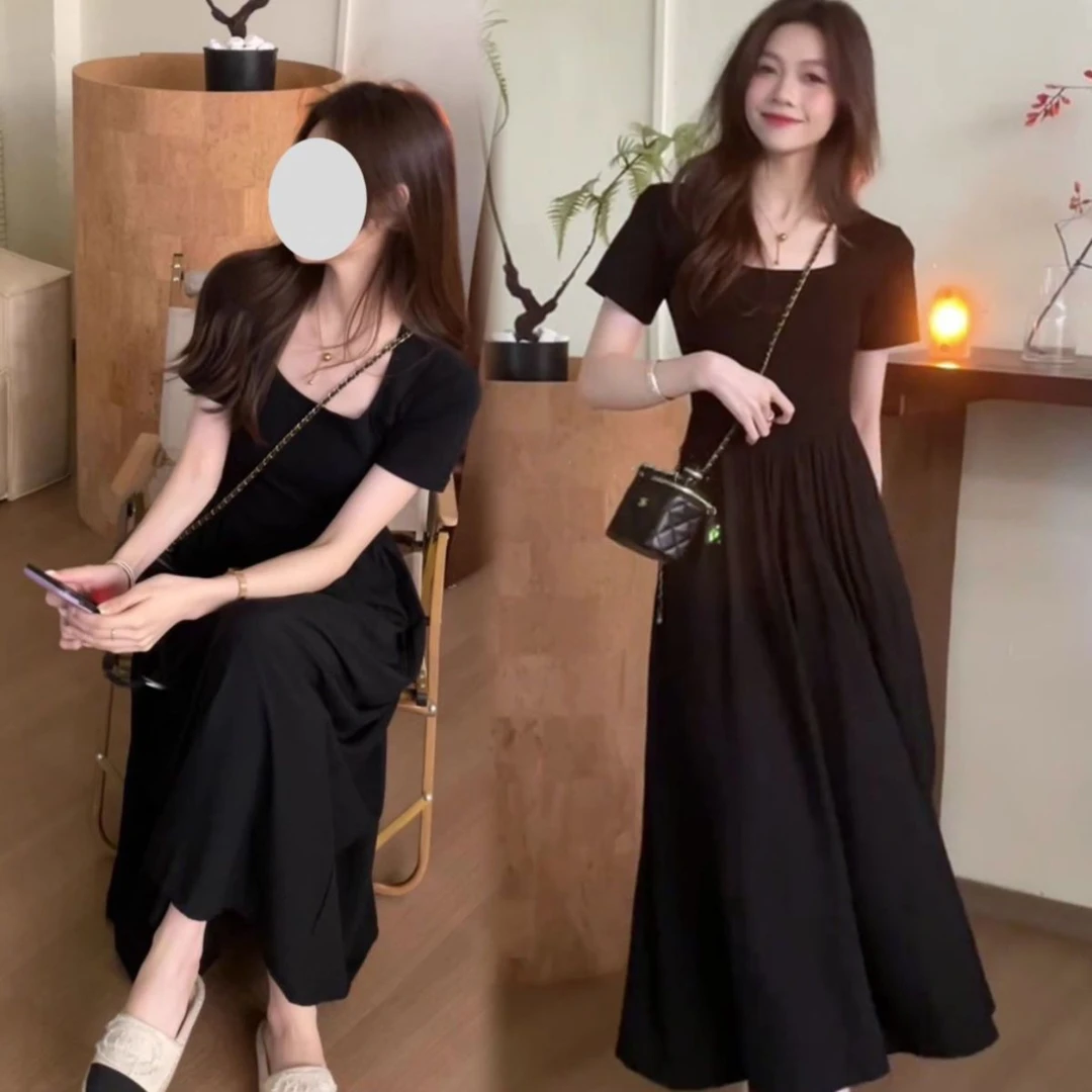 法式小众短袖气质连衣裙2025新款女夏季设计感收腰显瘦a字长裙子