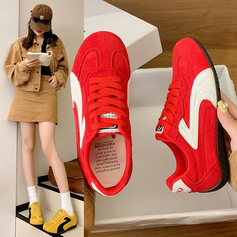 秋季爆款百搭女鞋2025增高真皮红色德训鞋轻便耐磨脚不累厚底鞋女