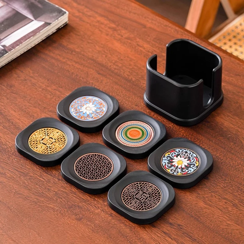 新款中式茶道杯垫四方珐琅彩茶杯托家用方圆防滑隔热垫六个收纳装