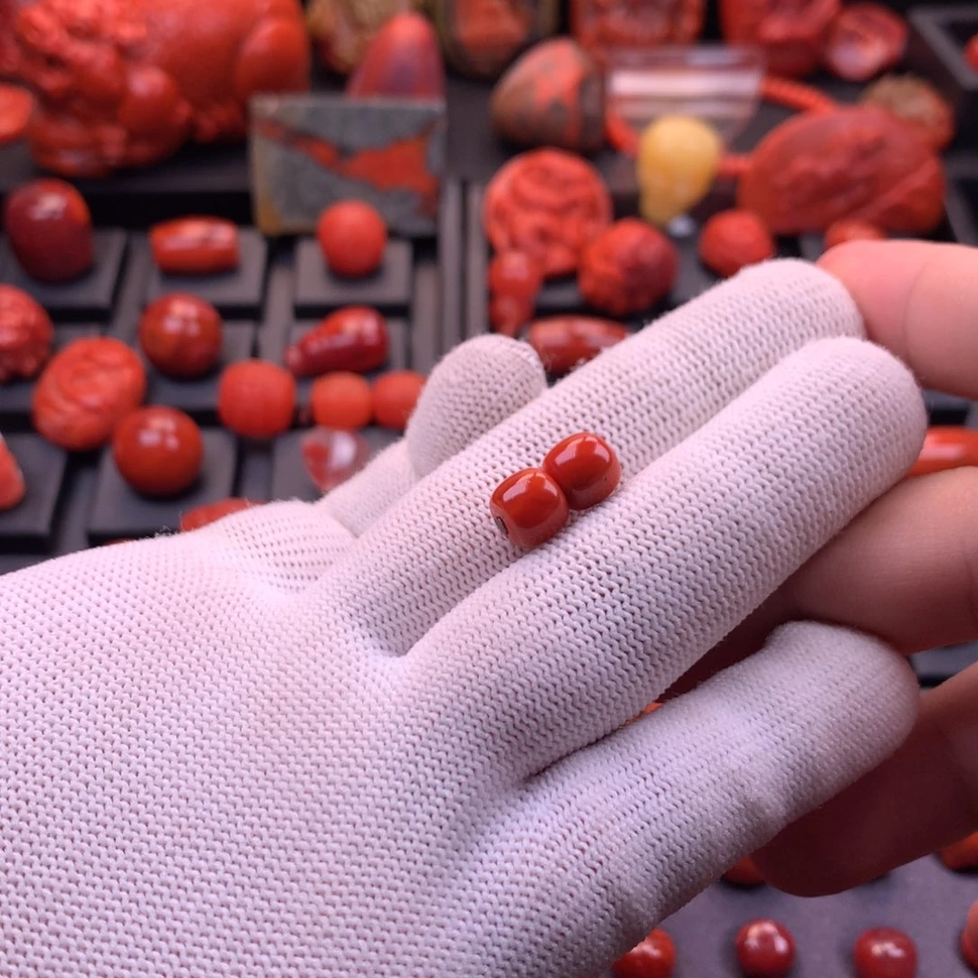 南红玛瑙未镶嵌【传仁】川料原矿柿子红火焰纹老型对珠8.5mm