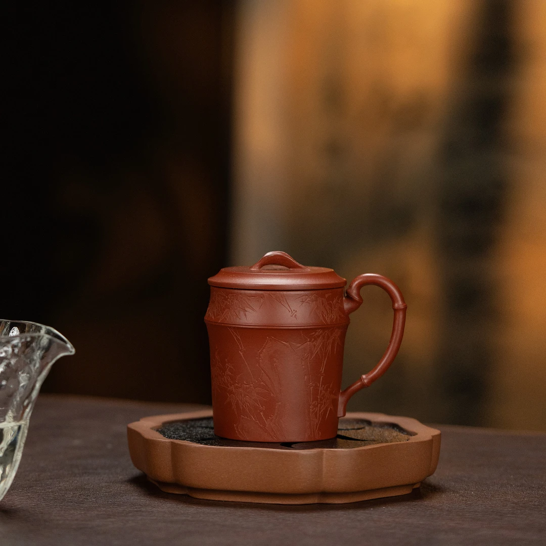 【利贞l玉叶竹段盖杯】李建军制 原矿朱泥 约160cc 紫砂茶具LJJ