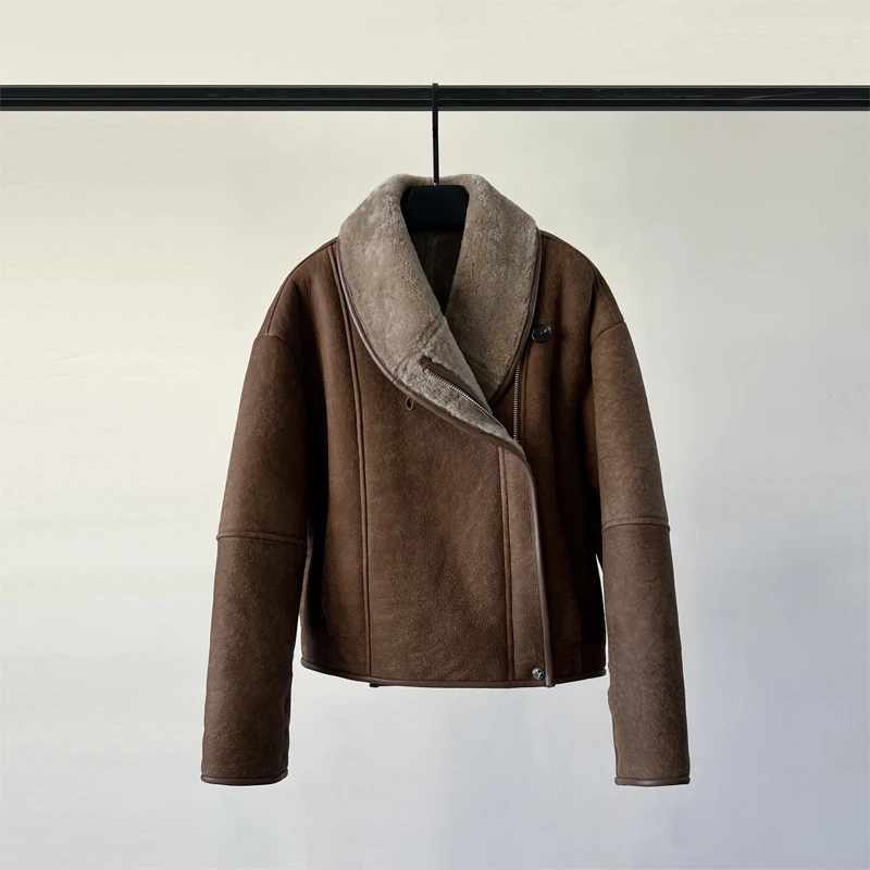 JL2557美利奴皮毛一体外套女绒面皮短款真皮羊羔毛机车皮草潮