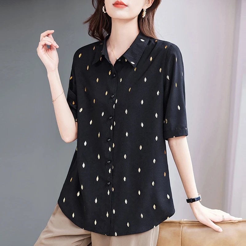 翻领雪纺上衣女2025新款宽松polo短袖衬衫女遮肚子胖mm大码女装夏