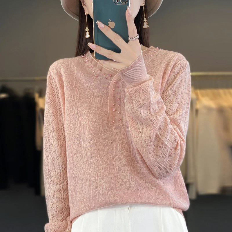 蕾丝打底衫女24新款春秋大码女装V领钉珠上衣洋气针织小衫A523