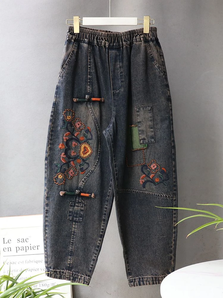 重工刺绣九分裤秋款女宽松百搭绣花纽扣休闲松紧水洗牛仔哈伦裤