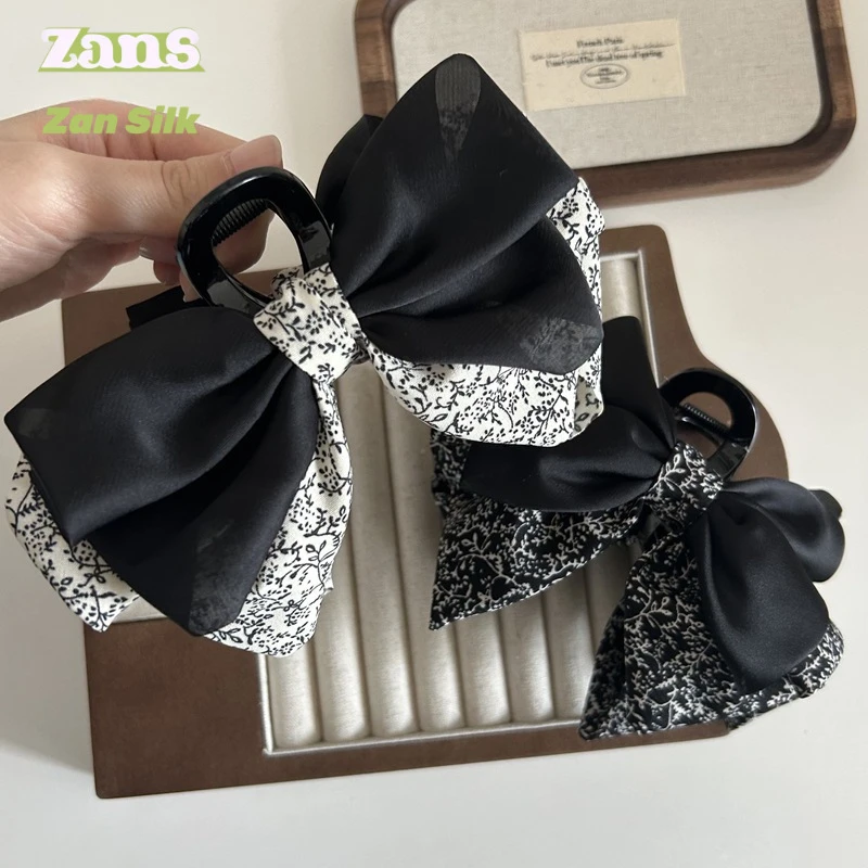 韩版碎花抓夹缎面拼接蝴蝶结优雅气质发饰女高级感鲨鱼夹发夹抓夹