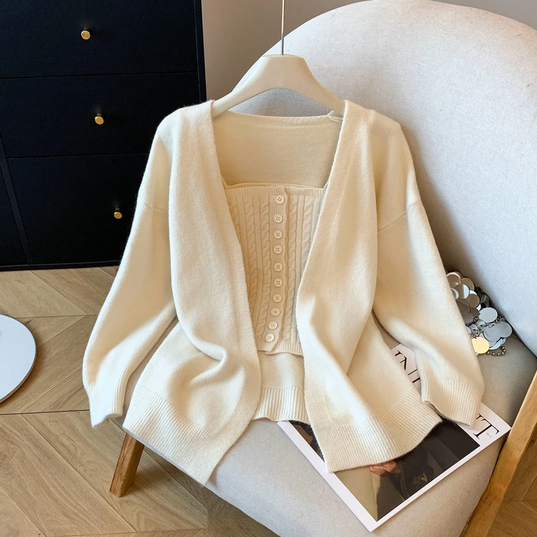 SM潮流温柔风白色长袖针织开衫外套女秋冬新款内搭吊带背心两件套