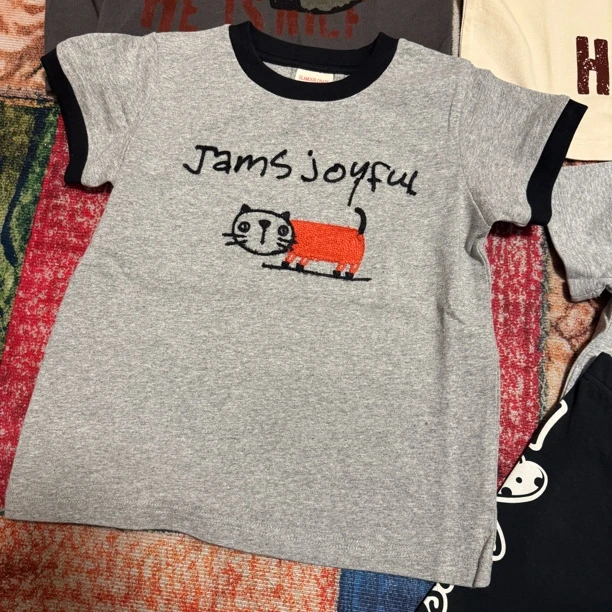 夏季新款男女童卡通复古T恤猫咪刺绣水洗棉质怀旧风格日式短袖