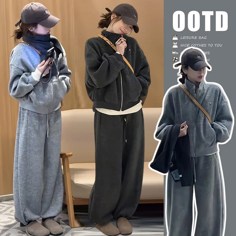 孕妇大码冬季新款加绒韩系休闲宽松简约基础百搭长袖长裤时尚套装