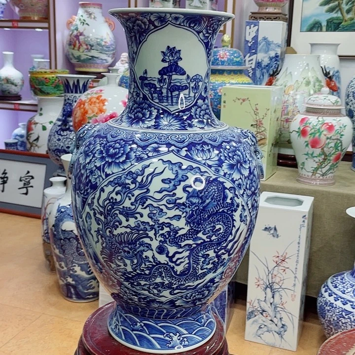 花瓶全手工釉下万花狮子壳瓶