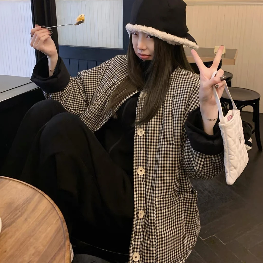 清新黑白小格子棉服女冬季小个子中长款加厚保暖复古夹棉大衣外套