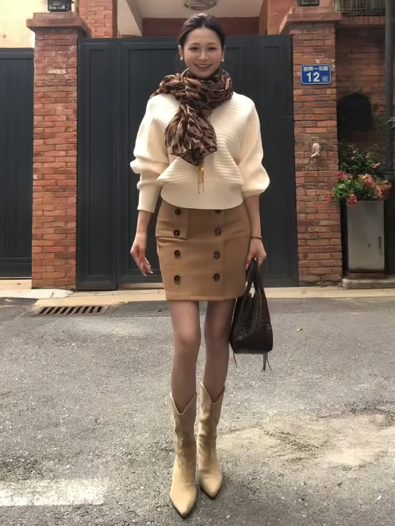 冬季时尚新款简约休闲风套装法式修身气质针织衫高腰半身裙两件套