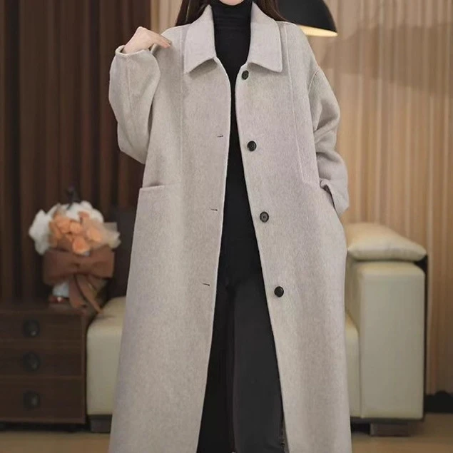 2025秋冬新款双面手缝羊绒大衣女韩系显瘦显高娃娃领百搭毛呢外套