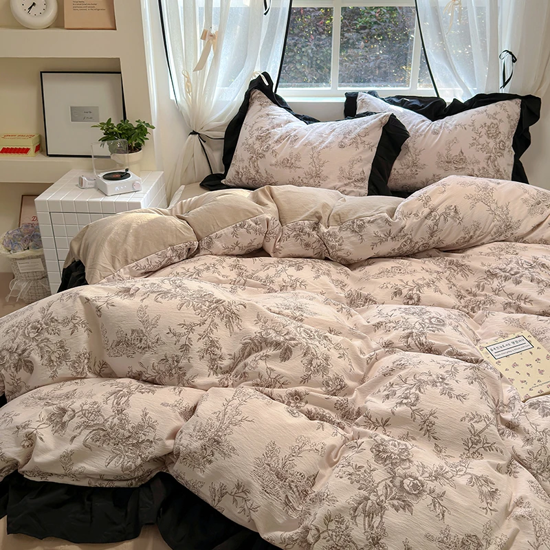 欧凸欧新款法式亲肤舒适法式浪漫系列花边水洗棉印花四件套床裙