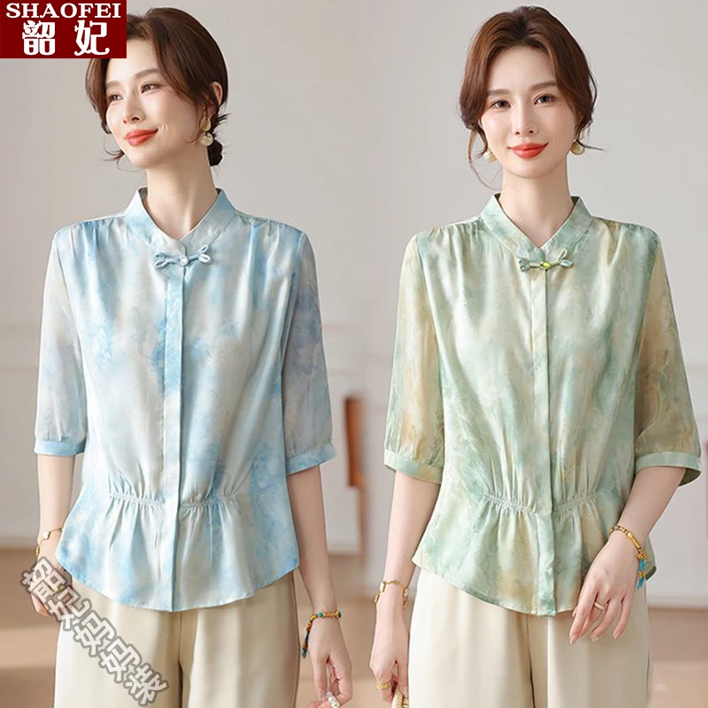 妈妈装春夏七分袖衬衣小衫中老年女新中式气质上衣时尚T恤两件套