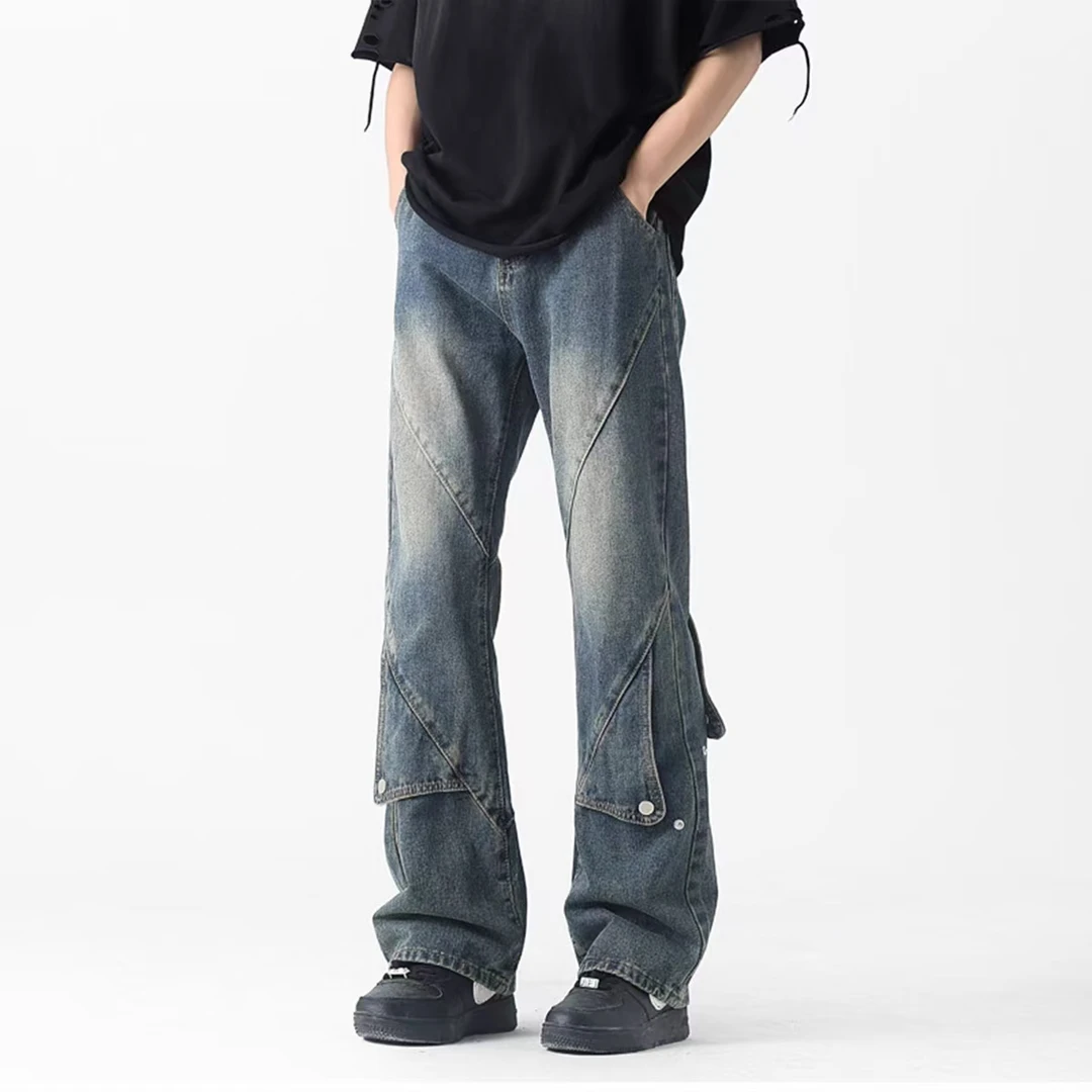 美式复古拼接排扣牛仔裤男女春季高街设计感休闲裤潮牌直筒微喇裤