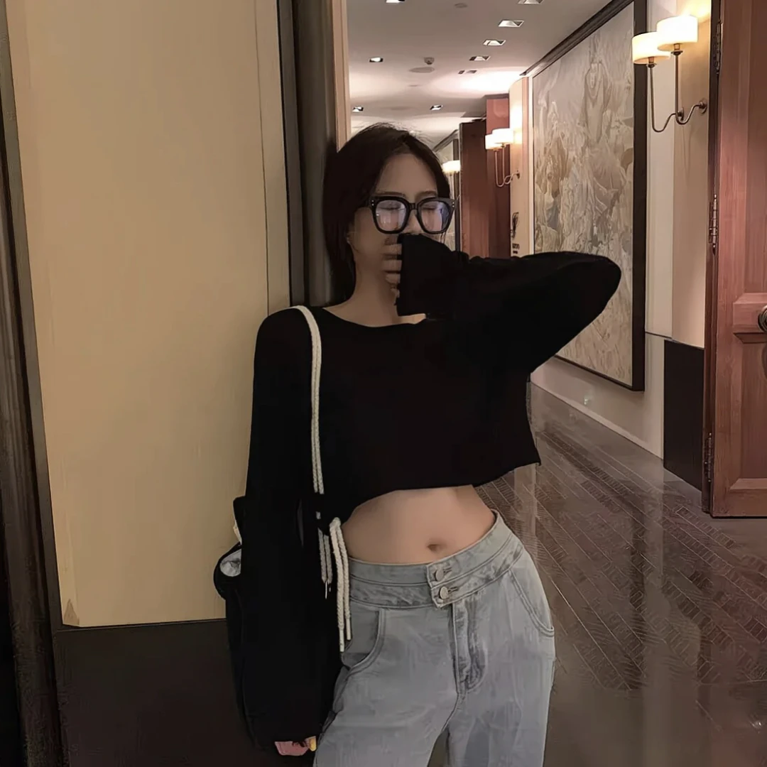 黑色圆领短款长袖t恤女新款爆款夏季宽松小个子防晒罩衫上衣