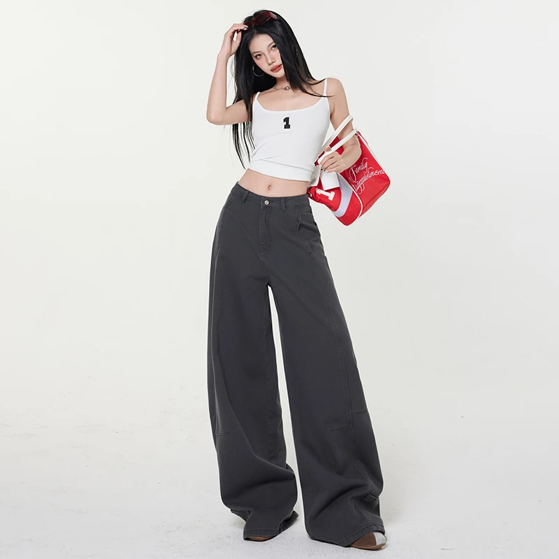 美式复结构剪裁弯刀牛仔裤宽松休闲直筒运动裤潮灰色镰刀裤