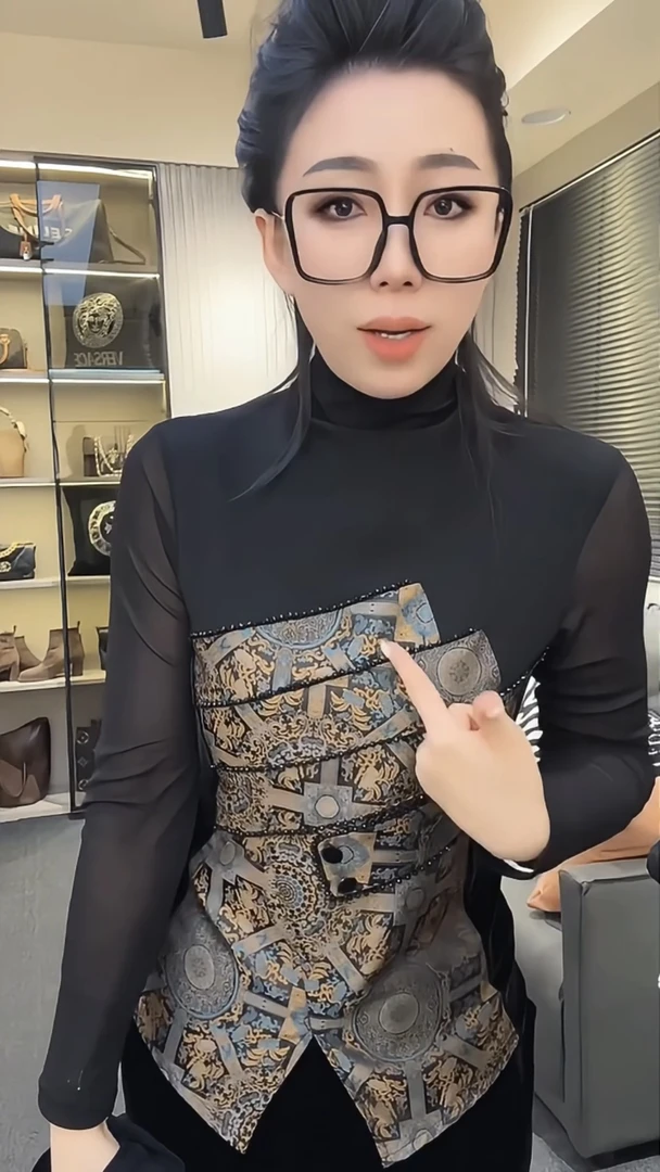 新中式重工串珠锦缎提花拼接衬衫女秋冬季新款半高领纱袖丝绒小衫