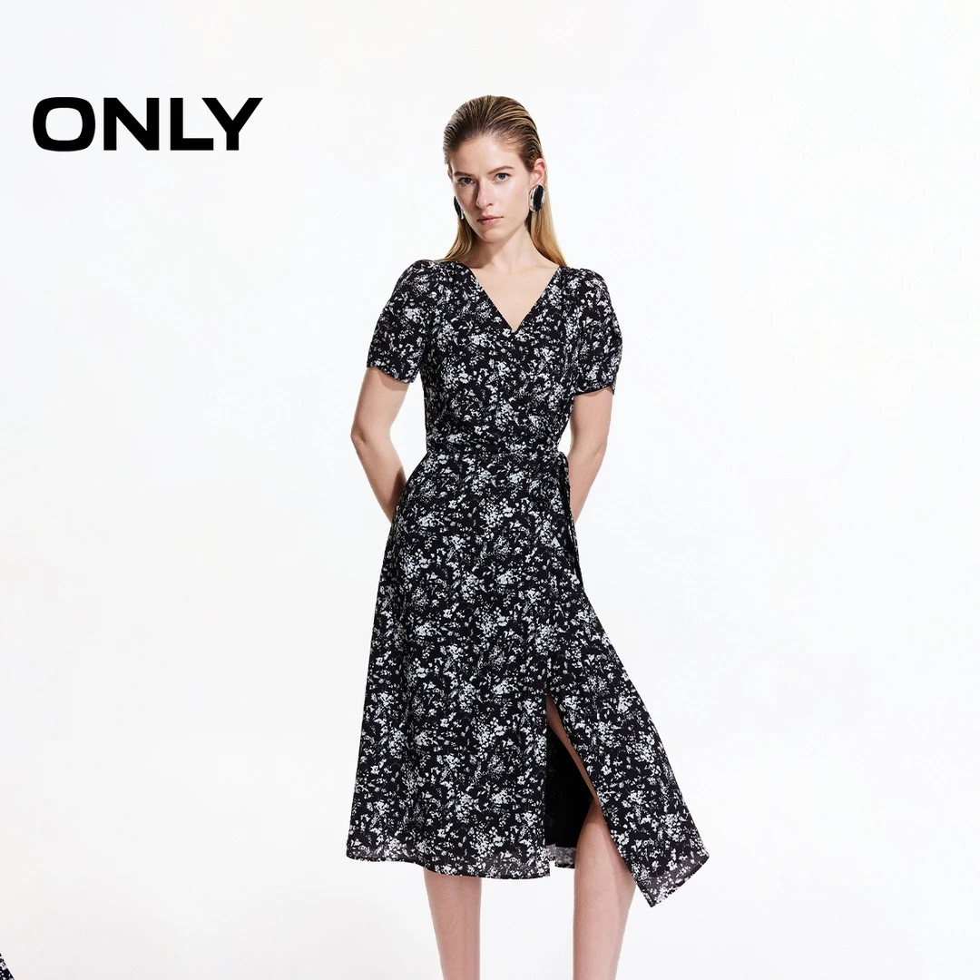 【金拐子专属】ONLY新款法式腰间系带碎花中长款连衣裙女|125107089