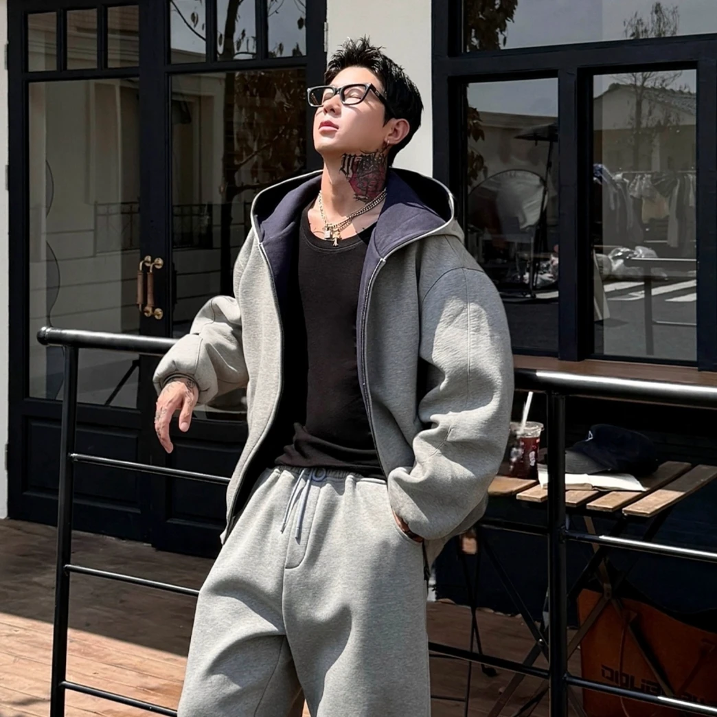 美式休闲灰色连帽卫衣开衫秋冬季男士宽松潮流百搭外套重磅上衣