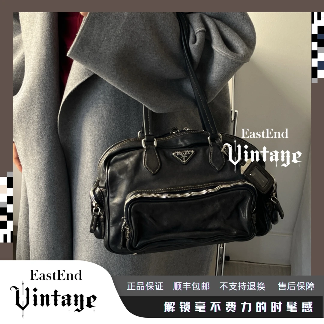 95新 Prada/普拉达 東区-黑色做旧褶皱机车单肩包/19259时尚