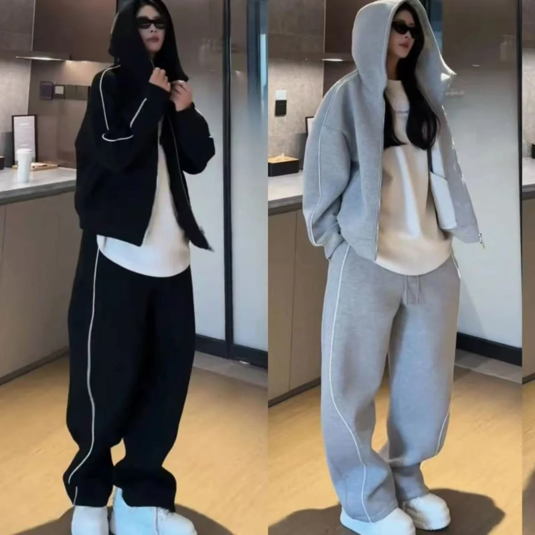 春季新款潮明连帽简约休闲宽松时尚百搭设计男女同款套装