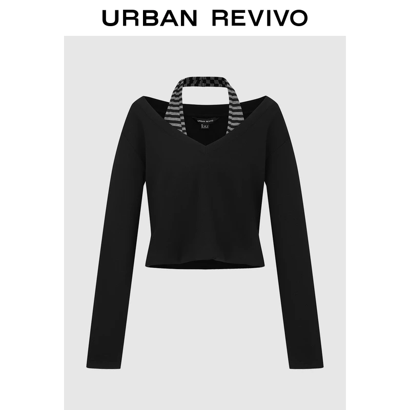UR2025冬季新款女装潮流条纹挂脖V领长袖短款T恤UWJ450176