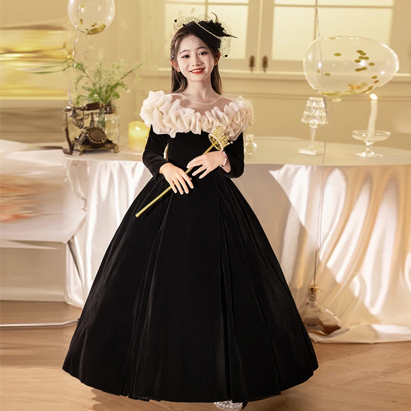 法式儿童大码礼服裙丝绒长袖秋冬女孩生日公主裙主持人钢琴演出服