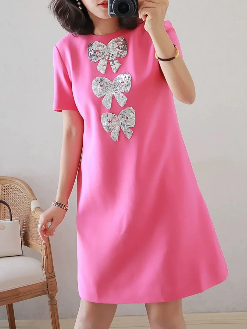 R-2-221亮片蝴蝶结显瘦连衣裙粉色