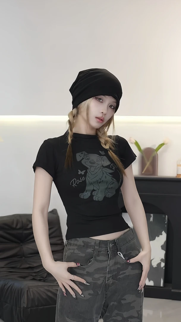 Rosepoem夏季时尚高街潮牌修身可爱小狗印花辣妹小短款美式短袖