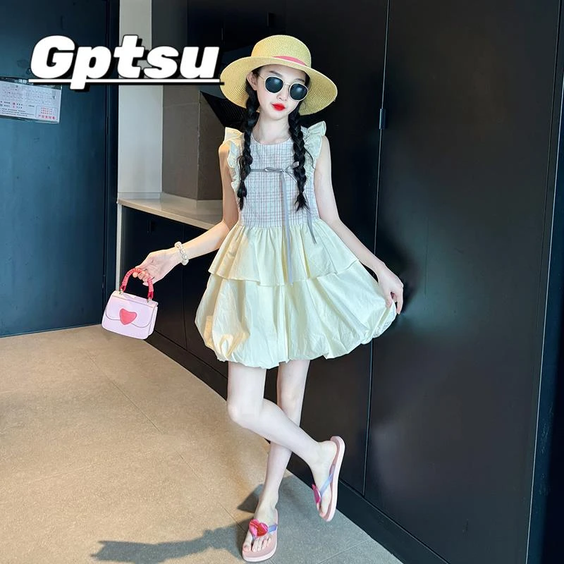 GPTSu女童连衣裙夏季2025新款女大童炸街裙子儿童夏装白色花苞裙