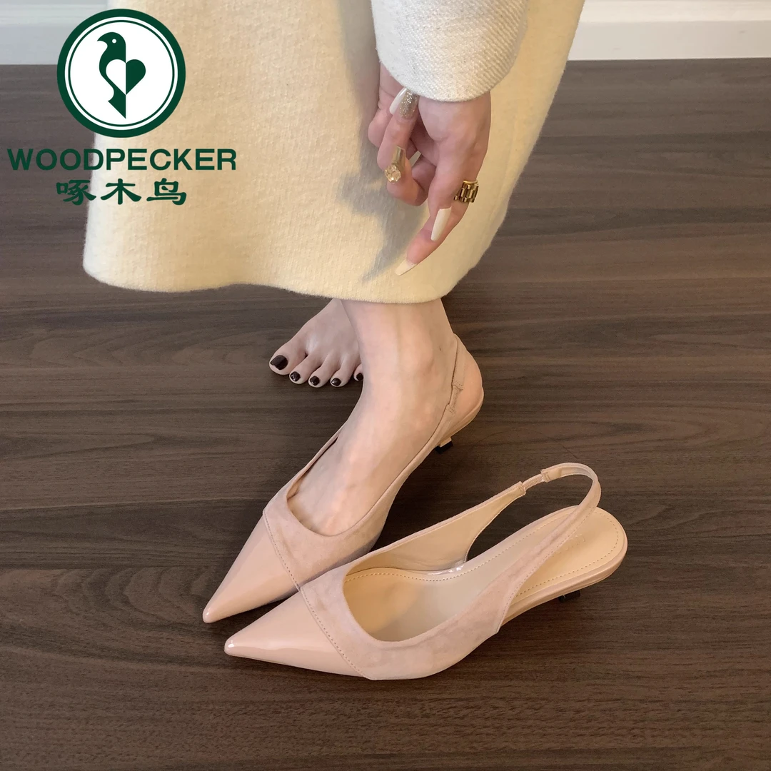 啄木鸟粉色温柔尖头高跟凉鞋韩版法式包头单鞋春夏后拉带凉拖鞋女